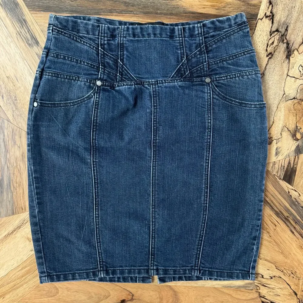 Kensie Dark Wash Paneled Denim Pencil Skirt Stretch Midi 90's Style Retro Large
